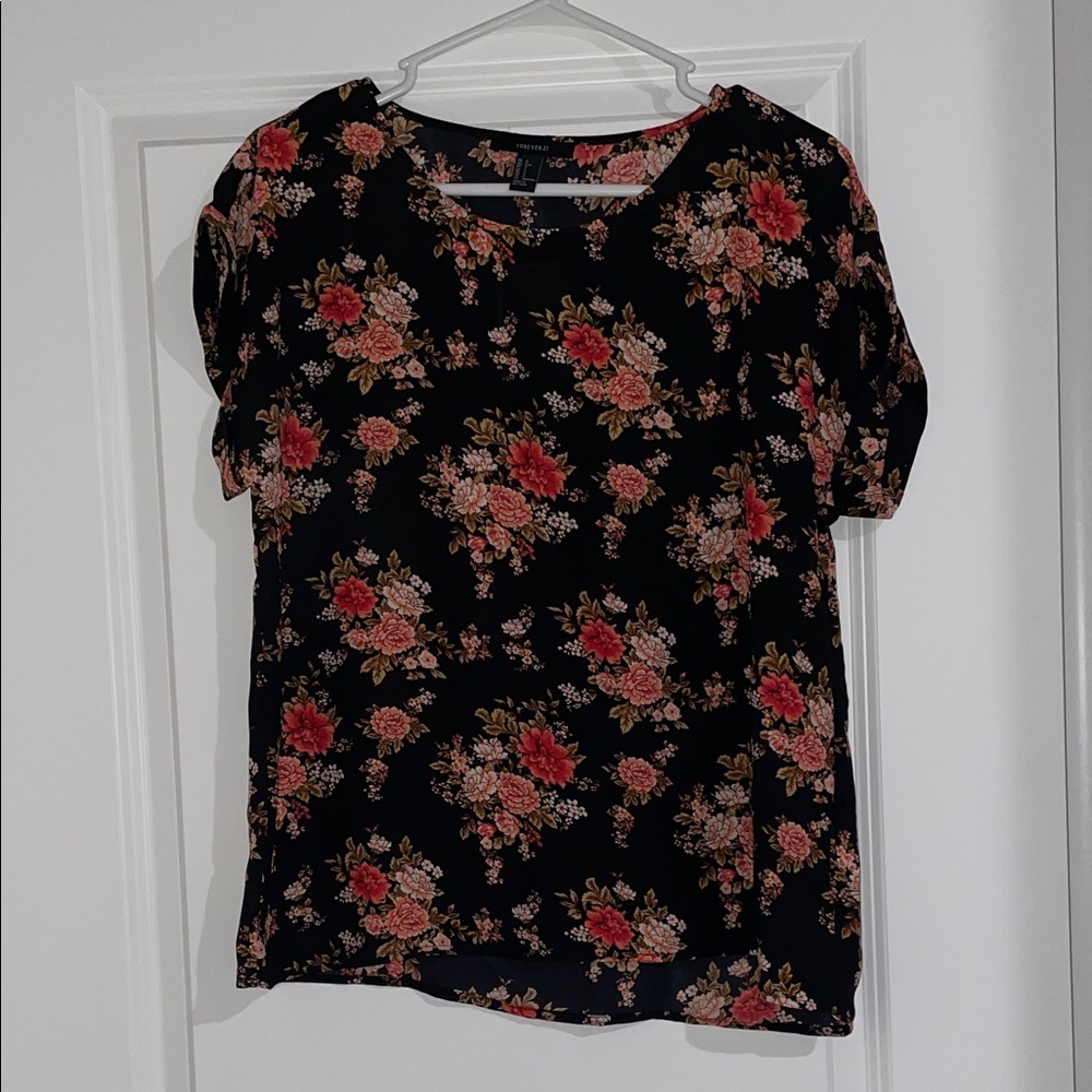Forever 21 Black Top with Red and Pink Floral Design